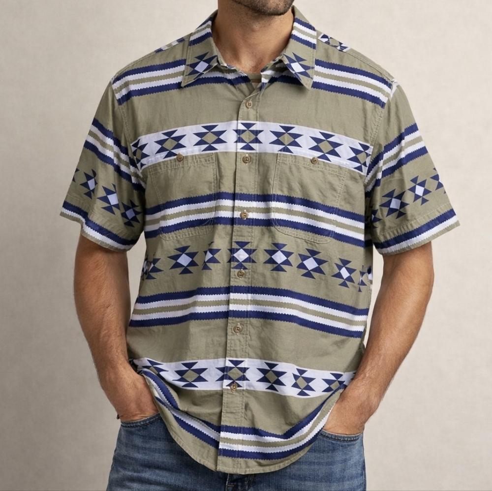 Orvis Mens Short Sleeve Button Down Western Shirt‎ Size L Cowboy Aztec